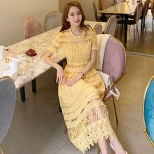Women Elegant Yellow Lace Dress Summer Style Short Sleeve Hollow Out Sexy Women Clothes Casual Female Party Midi Vintage Dress 2024 - buy cheap