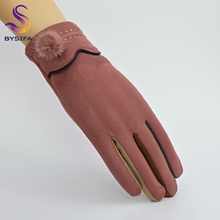 [BYSIFA] Ladies Suede Gloves Winter Colorful Mittens Gloves Plus Velvet Warm Mink Ball Women Gloves Camel,Gray,Black,Navy Blue 2024 - buy cheap