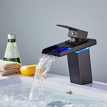 ORB LED смеситель для раковины, водопада, температуры, цвета, смеситель для ванной комнаты, кран для мытья на бортике, кран для раковины, горячий и холодный черный кран 2024 - купить недорого