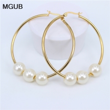MGUB wholesale Imitation pearls Beads 30mm-100mm Hoop earrings stainless steel For women jewelry  LH482 2024 - buy cheap