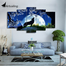 HD Printed 5 Pieces Canvas Paintings Howling Wolf Blue Moon Cherry Blossoms Night Wall Pictures For Living Room Decor CU-1897A 2024 - buy cheap