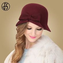 Женские зимние фетровые шапки FS, красная шерстяная дамская шляпа-колокол с бантом, винтажный женский формальный фетровый фетр 2024 - купить недорого