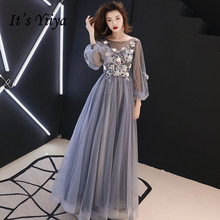 It's yiiya-vestido de noite com apliques flores, lindos vestidos formais, azul-cinza, manga lanterna, vestido de festa longo e064 2024 - compre barato