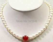 New fashion 7-8mm natural White freshwater Culture Pearl red stone chalcedony round beads chain strand Necklace 18"BV50 2024 - buy cheap