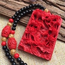 Natural cinnabar pendant, carved red peony flower fish pendant, lucky charm, men's and women's necklace necklace. 2024 - buy cheap