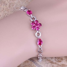 Romantic Red Cubic Zirconia Silver Plated Link Chain Flower Bracelet 6.5 - 7.5 inch S0640 2024 - buy cheap