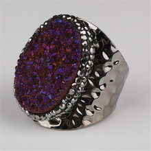 big oval dark purple rough druzy crystal stone bead charm pave rhinestone wide wrap hammered gunblack open ring cuff for women 2024 - buy cheap