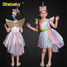 Child Halloween Girls Pony Ball Gown Infant Rainbow Voile Unicorn Dress Kids Horse Clothes Girl Angel Unicorn Wing + Headband 2024 - купить недорого