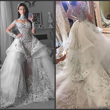 Glamourosa manga comprida tule gola alta 2018, vestidos de casamento, apliques com cauda destacável 2024 - compre barato