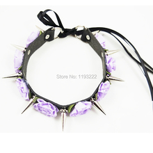 Girl Kawaii Lolita Handmade Leather Flower Spikes Spiked Collar LACE UP Punk Choker Necklace 2024 - buy cheap