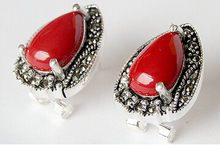 Bridal jewelry free shipping hot sellVINTAGE 925 STERLING SILVER RED CORAL MARCASITE STUD EARRINGS 15X19MM 2024 - buy cheap