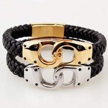 New Handcuff Gift Stainless Steel Silver Color Gold Color Jewelry Black Braided Leather Wristband Men Male Bracelet Bangle 8.66" 2024 - buy cheap