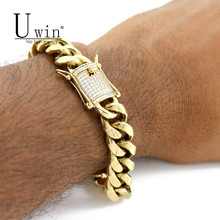 UWIN-pulsera de eslabones cubanos de estilo Hip hop para hombre, brazalete de cadena de acero inoxidable con diamantes de imitación y cierre de CZ, color dorado, 21CM, 14mm 2024 - compra barato