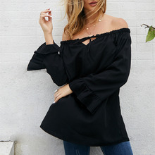 Autumn Women Chiffon Blouses Solid Off Shoulder Streetwear Hollow Out Slash Neck Loose Women Tops Flare Sleeve Casual Blusas 2024 - buy cheap