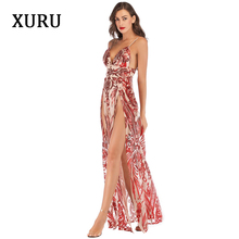 XURU new winter sequin dress sexy sling high split irregular dress red Slim sexy club party big swing dress 2024 - buy cheap