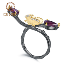 Gem's ballet 2.42ct natural rhodolite garnet borboleta no ramo anéis 925 prata esterlina artesanal anel ajustável para mulher 2024 - compre barato