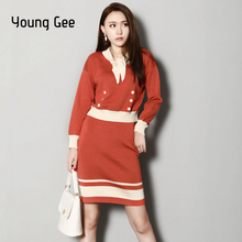 Young Gee-Conjuntos de dos piezas de manga larga, suéter con cuello vuelto, Tops de colores contrastantes y minifalda de punto, chándal de moda 2024 - compra barato