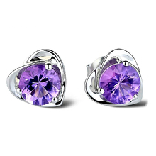 100% Genuine 925 Sterling Silver Woman Earring Elegant Purple CZ Crystal Heart Stud Earrings Antiallergic Fashion Jewelry 2024 - buy cheap