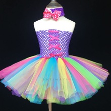 Vestido de tutú de ganchillo para niña, tutú de 2 capas de arco iris, cinta de tul, tutú de Ballet con lazo de pelo, disfraz de cumpleaños para niña 2024 - compra barato