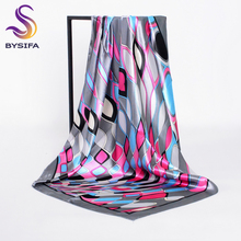 BYSIFA-bufanda de seda rosa y gris para mujer, bufandas de satén grandes y cuadradas de 90x90cm con patrón geométrico, para primavera y otoño 2024 - compra barato