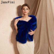 JaneVini Fashion Royal Blue Winter Faux Fur Shawl Bridal Wrap Cloak Women Bolero Fourrure Shrug Warm Outwear Wedding Accessories 2024 - buy cheap