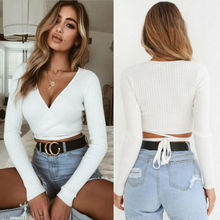 2019 New Summer Women Slim T-shirts Black White Khaki Long Sleeve T shirt Cross V-neck Sexy Crop Tops 2024 - buy cheap