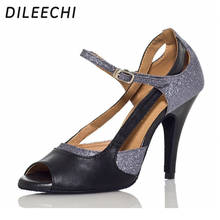 DILEECHI brand Latin Dance Shoes Ladies black grey leather sequined High Heels 10cm high heel Ballroom dancing shoes 2024 - buy cheap
