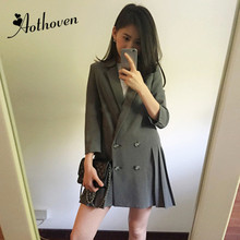 Women Office Formal Blazer Dress Suits Gray Notched Collar Long Sleeve Pleated Suit Work Dress Elegant Vintage Party Dresses 2024 - buy cheap