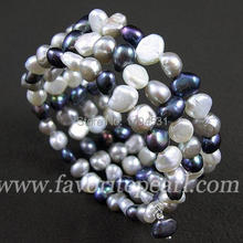Wedding Pearl Jewelry - Triple Row 7-8mm Mixes Gray Color Natural Freshwater Pearl Bracelet - Free Shipping 2024 - buy cheap