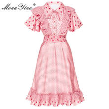 MoaaYina Fashion Designer Runway Dress Summer Women Flare sleeve Ruffles Wave point Lace-up Casual Holiday Elegant Pink Dress 2024 - buy cheap