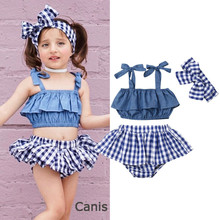 0-24m bebê meninas roupas conjunto azul estilingue topos colete para meninas xadrez shorts calças crianças saias bandana do bebê conjuntos de roupas da menina 2024 - compre barato