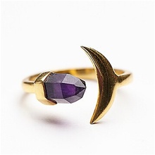 Moda crescente sereia roxo hexágono prisma pedra natural anel aberto cor ouro dedo jóias para mulher 2024 - compre barato