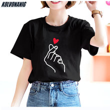 Camiseta feminina de algodão, camiseta fashion de verão, camiseta feminina coreana, gesto amor you, camisetas gráficas, coração, dedo impresso, top, 2021 2024 - compre barato