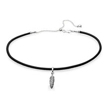 QANDOCCI-gargantilla de cuero negro de Plata de Ley 925 para mujer, colgante de pluma, Original, se adapta a la joyería de estilo europeo 2024 - compra barato