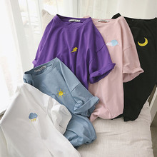 Yougeman 2021 nova chegada das mulheres camiseta verão casual coreano ulzzang harajuku lua bordado manga curta t camisa meninas roupas 2024 - compre barato