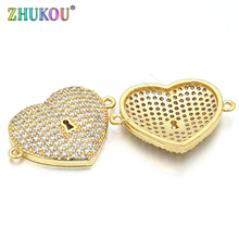 16*23mm Brass Cubic Zirconia Two Loops Heart Pendant Connectors Diy Jewelry Findings, Mixed Color, Hole: 1mm, Model: VS114 2024 - buy cheap