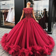 Elegant Prom Dress Long 2020 Ball Gown Beading Crystal Short Sleeves Tulle Burgundy Formal Party Evening Gown Robe De Soiree 2024 - buy cheap