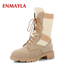 ENMAYLA  New style women flock round toe square heel  lace-up mid-calf boots Lady fashion color block  boots ZYL517 2024 - buy cheap