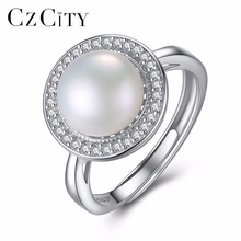 CZCITY-Anillo de plata de primera ley y Perla para mujer, sortija, plata esterlina 925, Circonia cúbica, zirconia, circonita, zirconita, zirconita, tamaño ajustable, disco redondo 2024 - compra barato