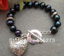 Top Quality Wholesale AA 10-11MM Black Genuine Freshwater Pearls Bracelet 8inch Tibet Silvers Heart Pendant New Free Shipping 2024 - buy cheap