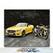 Diy цветные краски по номерам Желтый спортивный автомобиль мотоцикл картины по номеру с цветами наборы для детей 40x50 рамка 2024 - купить недорого