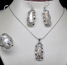 New Arriver Pearl Jewelry Set White Biwa Real Pearl Earrings Pendant Ring Set 2024 - buy cheap