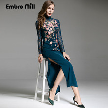 Embro Mill High-end Autumn winter Qipao Chinese style vintage embroidery blue/red elegant lady cheongsam slim party dress S-XXL 2024 - buy cheap