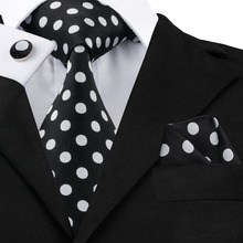 C-1190 Fashion Black Dot Necktie Hanky Cufflinks Set 100% Silk Ties For Men Formal Business Wedding Party 2024 - buy cheap