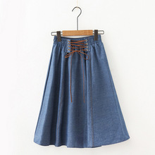 Blue Midi Knee Length Vintage Denim Skirt for Women Spring Summer Fashion Lace up High Waist Skirt Female Sun School Jeans Skirt 2024 - buy cheap