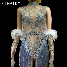 Bright Silver Rhinestones Tassel Bodysuit And Gloves Prom Party Stage Female Singer Dance Wear Sleeveless Stretch Sexy Leotard 2024 - buy cheap