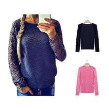 New Hot Womens Casual Patchwork Lace Casual Pullover Knitted O-neck Long Sleeve Hollow Out Colorful Sweater Free Shipping 2024 - buy cheap
