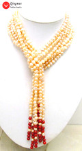 Qingmos Трендовое 3 нити 45 "длинное ожерелье из натурального жемчуга для женщин с 6-7 мм розовым жемчугом в стиле барокко, красное Коралловое ожерелье, ювелирные изделия 5806 2024 - купить недорого