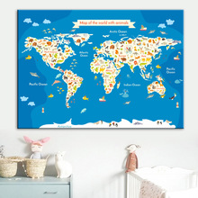 Cartoon Map Of World With Animals Wall Art Canvas Painting Nordic Posters And Prints Nursery Wall Pictures Kids Room Wall Decor 2024 - buy cheap