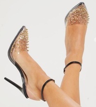 Zapatos de punta puntiaguda de PVC transparente para mujer, calzado de tacón alto con correa en el tobillo, de cuero negro y Beige 2024 - compra barato